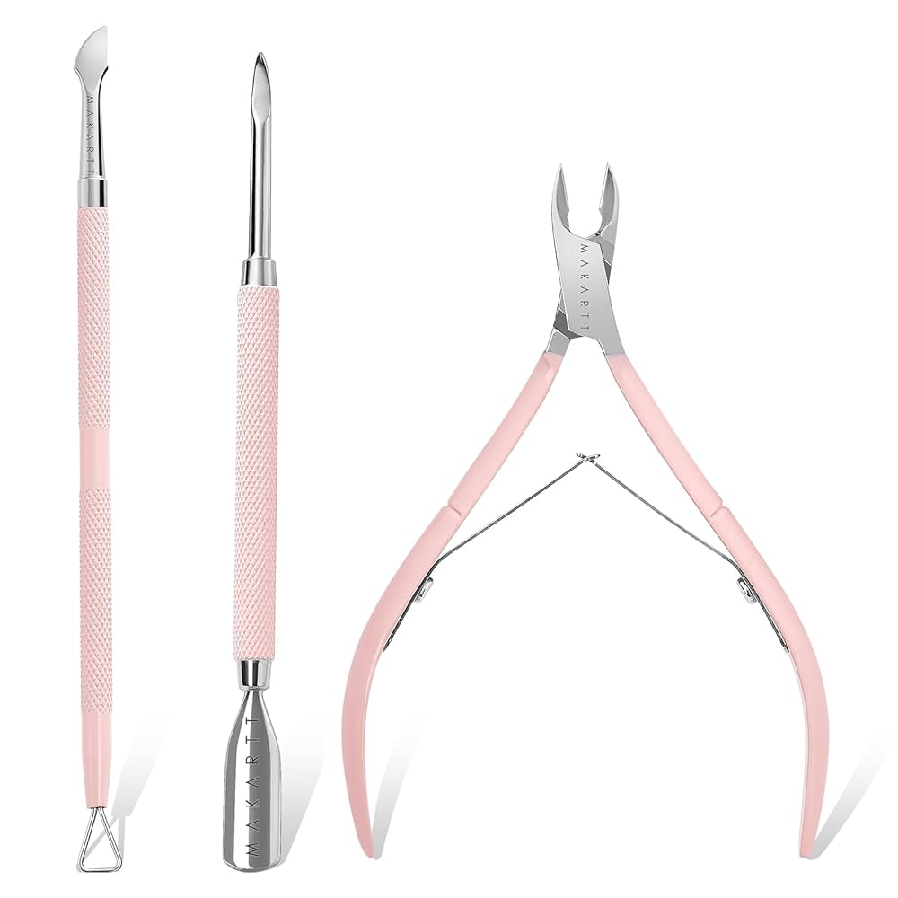 Makartt Cuticle Nippers with Cuticle Remover, 3 Pieces Pink Cuticle Remover Tool, Professional